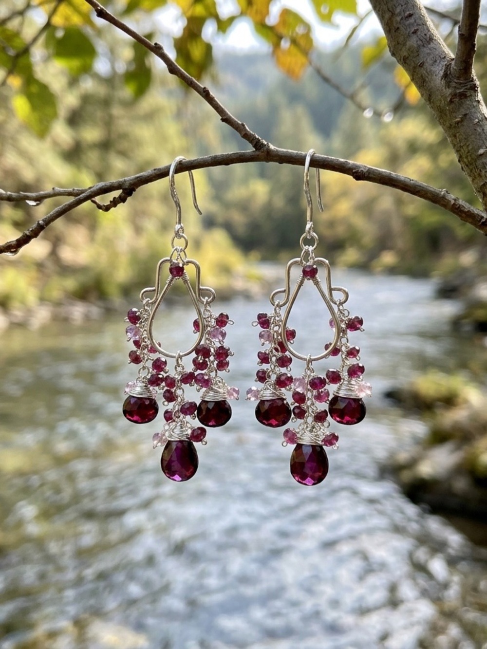 Sterling Silver Garnet Drop Cluster Earrings